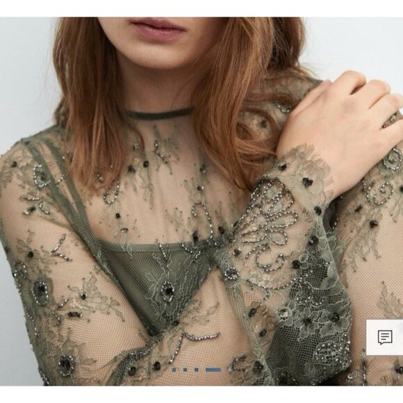 Mango Green Long Sleeve Lace Sequin Bead Dress L Large Olive Green $159 NEW - Picture 5 of 15